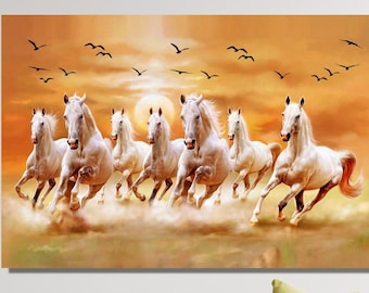7 Running Horses and Birds Flying Canvas Wall Art,Horse Wall Art -  Home Decor- Colourful Print Canvas Print Art Decor Home