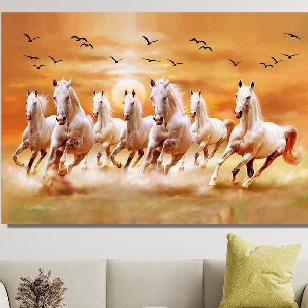 7 chevaux qui courent et oiseaux qui volent, oeuvre d'art murale sur toile, oeuvre d'art murale cheval - Décoration d'intérieur - Impression colorée, impression sur toile, Impression artistique, Décoration d'intérieur