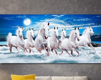 7 Running White Horses  Canvas Wall Art, 7 Running Horses Wall Art, Poster, Print -  Home Decor- Colourful Print Horses Print Art Decor Home