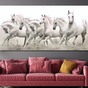 7 Running White Horses Ready To Hang Canvas,7 Running Horses Wall Art,Animal Canvas,Horse Poster,Wall Art Canvas,7 Horses Canvas Wall Art