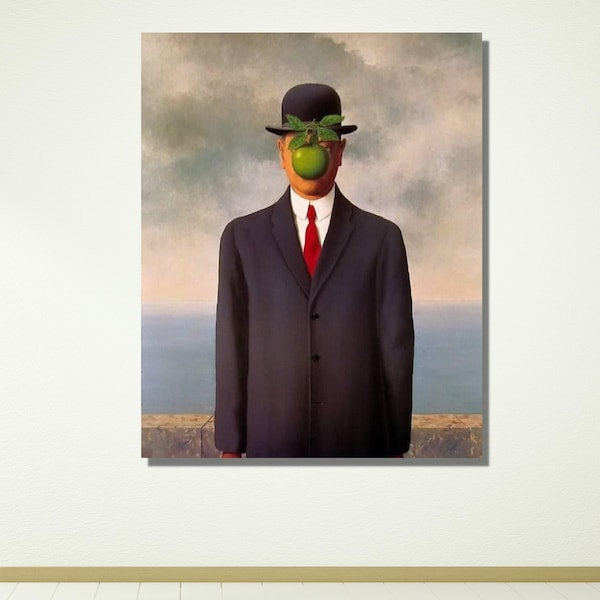 Rene Magritte Son of Man Painting Print Surrealistic Magritte Framed Art Canvas Wall Art Man in a Bowler Hat Print Living Room Wall Decor