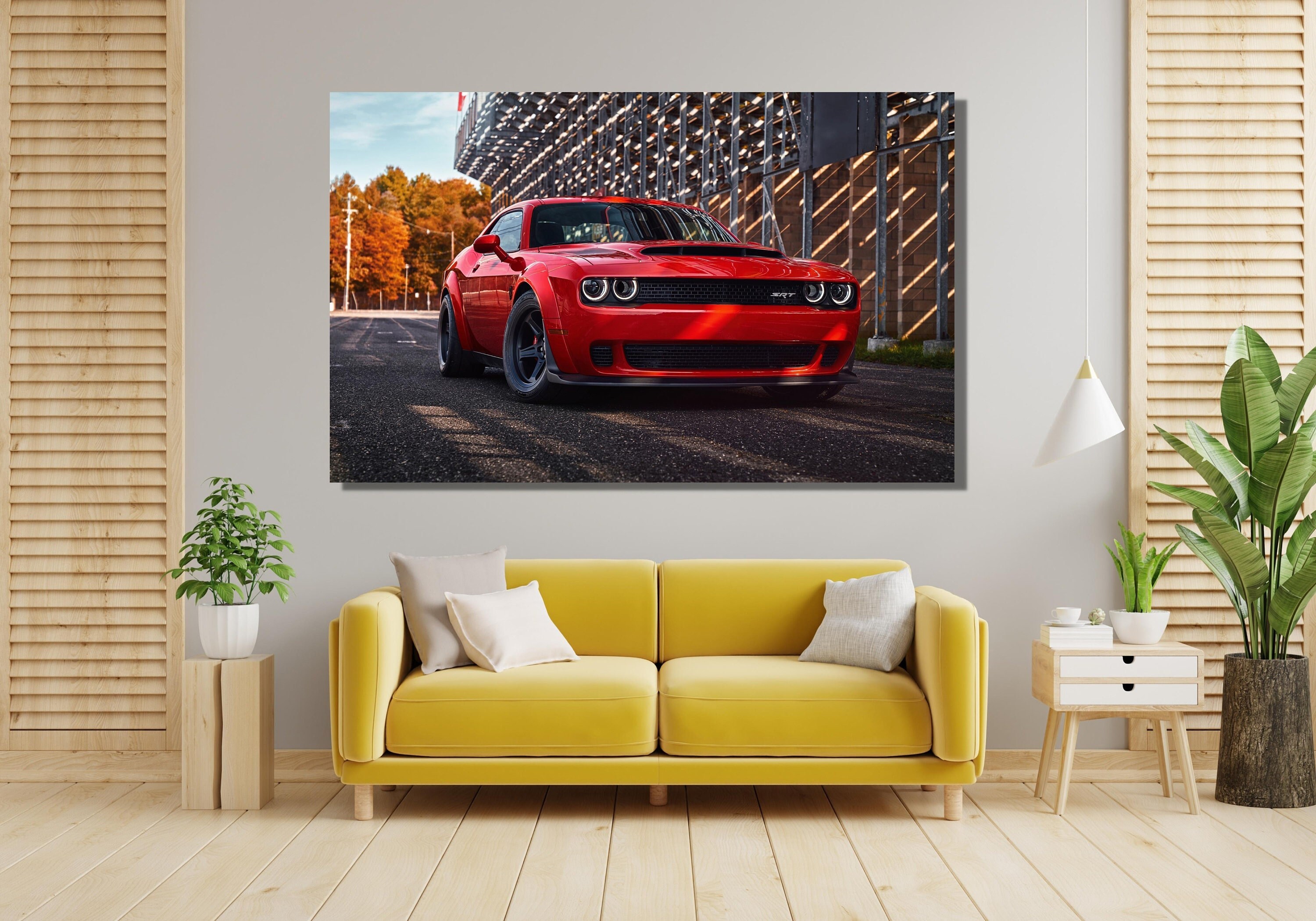 Dodge Challenger Hellcat Poster, Dodge Challenger Canvas Wall Art Print, Car Poster Gift, Home Decor, Framed Option