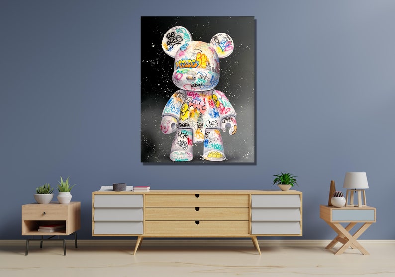 Colorful Banksy Bearbrick Canvas Wall Art, Bear Banksy Graffiti Canvas