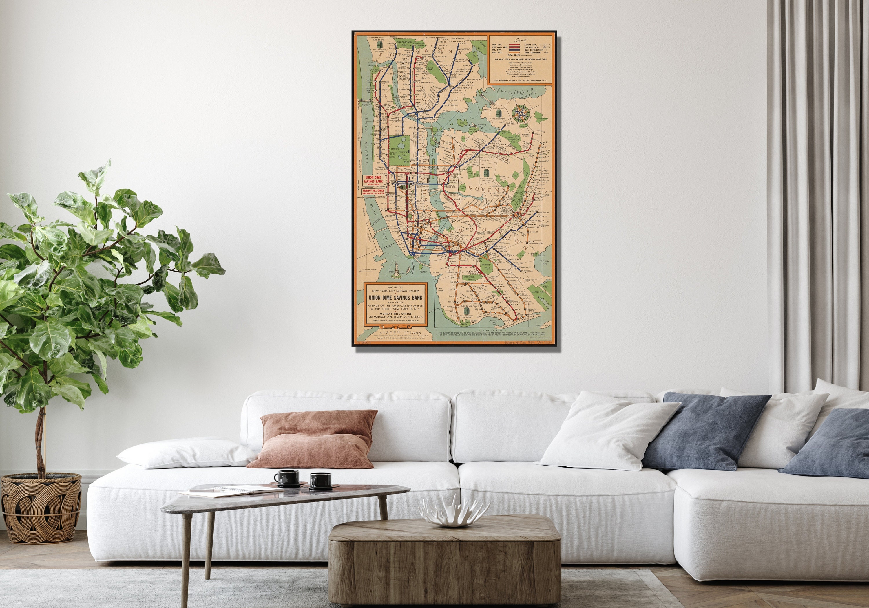 New York City Subway System Map Poster or Canvas Print NYC Subway Map Wall Art Vintage Map