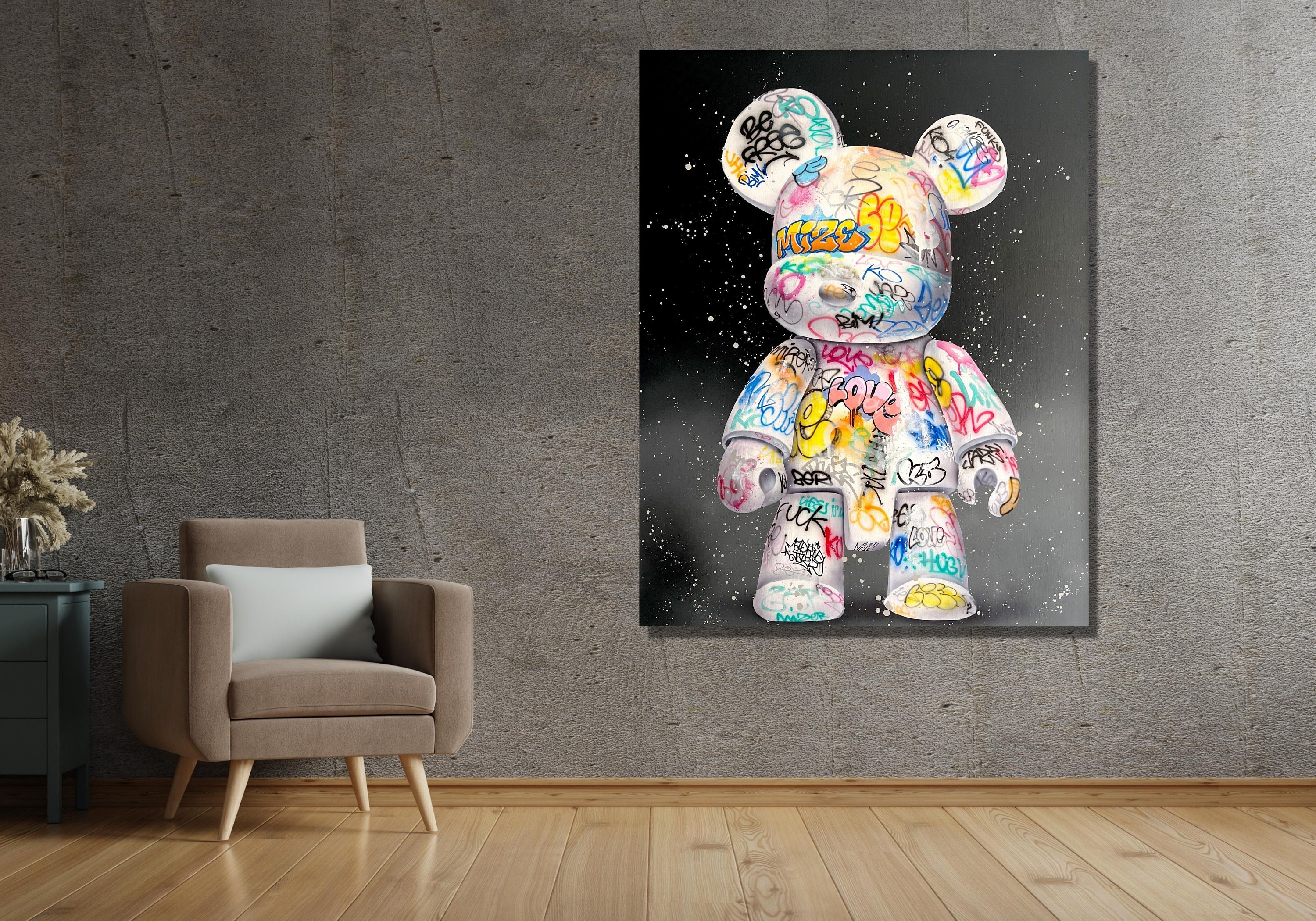 Colorful Banksy Bearbrick Canvas Wall Art, Bear Banksy Graffiti Canvas