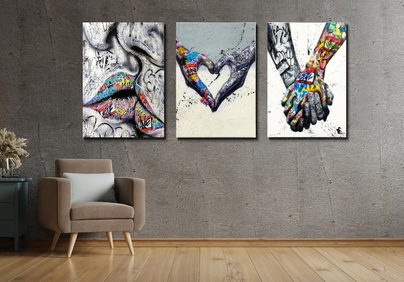 Set of 3 Heart and Kissing Wall Art Canvas Poster, Love Wall Art