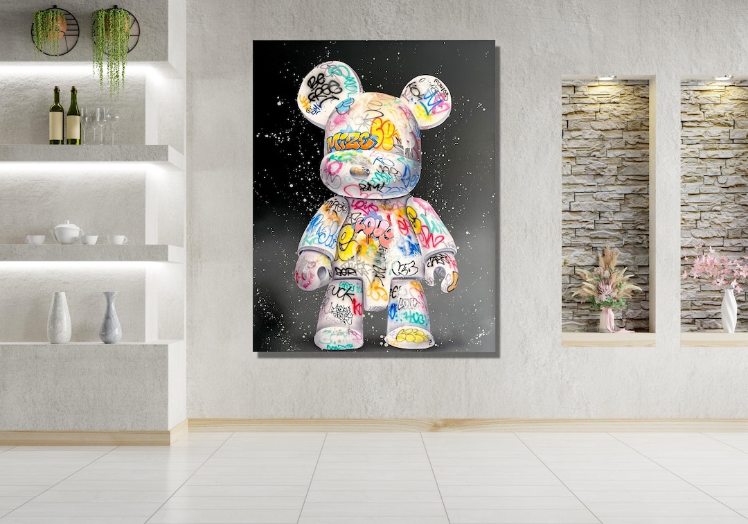 Colorful Banksy Bearbrick Canvas Wall Art, Bear Banksy Graffiti Canvas