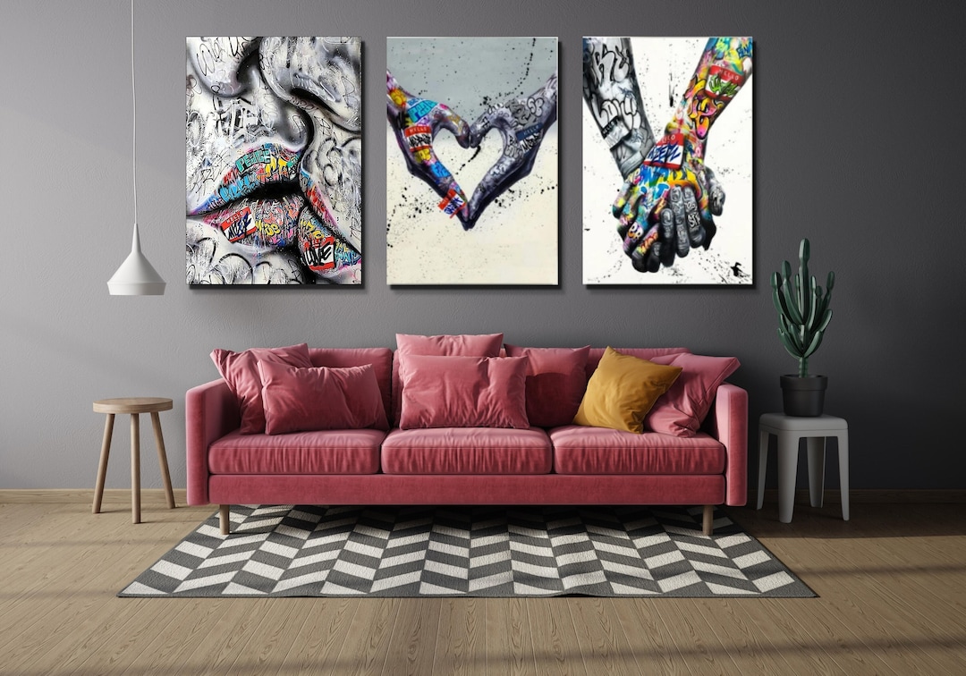 Set of 3 Heart and Kissing Wall Art Canvas Poster, Love Wall Art