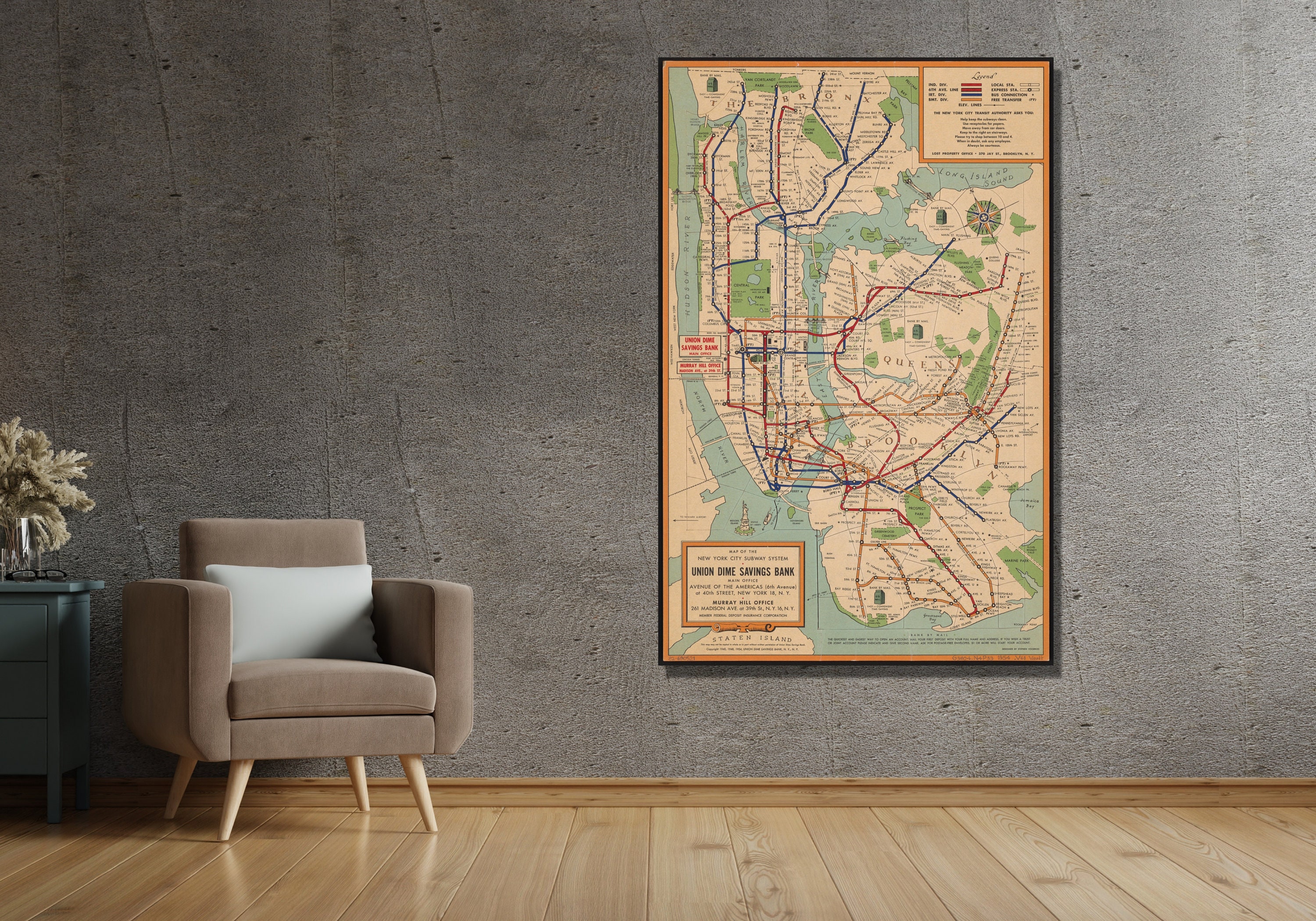 New York City Subway System Map Poster or Canvas Print NYC Subway Map Wall Art Vintage Map
