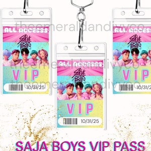 May include: Three VIP passes with the text "ALL ACCESSS" and "Saja Boys" in pink and blue. Each pass has a photo of a group of people and the word "VIP" in large letters. The passes are attached to a purple lanyard.
