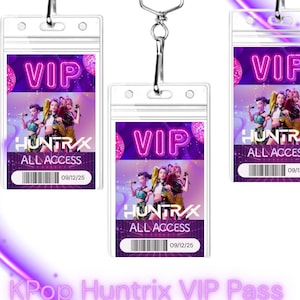 May include: Clear plastic VIP passes with a purple lanyard. Each pass features the text "VIP", "HUNTRX ALL ACCESS", and a barcode with the date "09/12/25". The passes have a vibrant design with a group of performers.