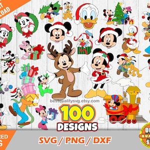 Mickey Christmas 100 Cliparts bundel, kerst svg-bestanden knippen voor Cricut / Silhouette, Mickey svg, Mickey Christmas png-illustraties, dxf-bestanden