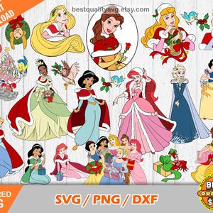 Paquete de imágenes prediseñadas de Navidad de princesas, archivos de corte svg de Navidad para Cricut / Silhouette, princesas svg, princesas Navidad Clip Art, png, dxf