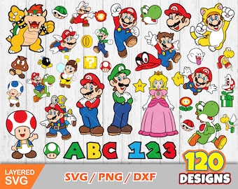 Mario clipart bundle + alphabet, Mario svg fichiers coupés pour Cricut / Silhouette, png, dxf, téléchargement instantané