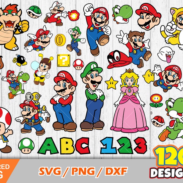 Mario clipart bundle + alphabet, Mario svg fichiers coupés pour Cricut / Silhouette, png, dxf, téléchargement instantané