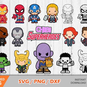 Chibi superhelden clipart set, superhelden svg gesneden bestanden voor Cricut / Silhouette, png, dxf, instant download