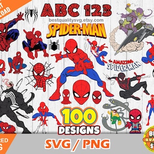 Paquete de 100 cliparts de Spiderman + alfabeto, archivos de corte svg de Spider-man para Cricut / Silhouette, superhéroe Spiderman png