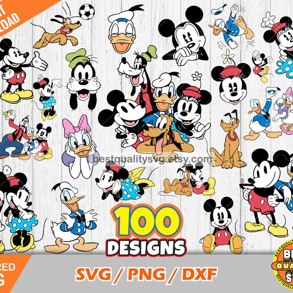 Klassieke Mickey en vrienden 100 cliparts bundel, Mickey SVG gesneden bestanden voor Cricut/silhouet, Donald Duck SVG, Mickey PNG, DXF