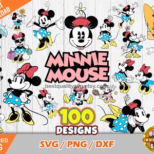 Pacchetto di 100 clipart di Minnie classica, file di taglio svg di Mouse per Cricut/Silhouette, Minnie png, dxf, download immediato