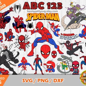 Spiderman clipart bundel + alfabet, Spider-man svg-bestanden knippen voor Cricut / Silhouette, superheld Spiderman png