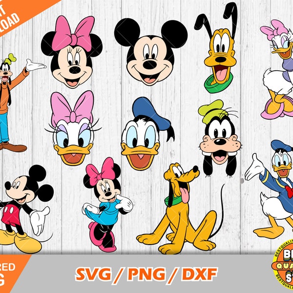 Set di clipart Topolino e amici, file tagliati in formato SVG di Topolino per Cricut / Silhouette, Paperino in formato SVG, Topolino PNG, DXF