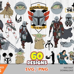 マンダロリアン クリップアート バンドル、クリカット / シルエット用のマンダロリアン svg カット ファイル、マンダロリアン png、ベビー ヨーダ svg、スター ウォーズ svg、png