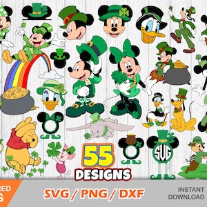 Pacote de 55 cliparts do Dia de São Patrício do Mickey e seus amigos, arquivos de corte svg do Dia de São Patrício para Cricut / Silhouette, png, dxf