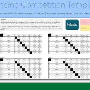 Automatic Fencing Competition Excel | Poule / Poole, Seeding, Direct Elimination, Results | Epee Foil Sabre Tournament | Up to 64 Fencers