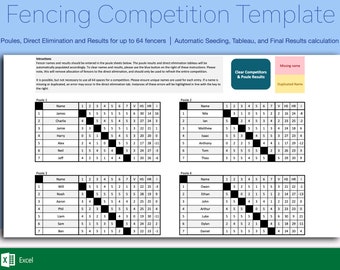 Modèle Excel de compétition d'escrime : poule, classement, élimination (téléchargement numérique)