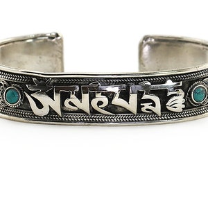 Tibetan Buddhist Cuff Bracelet - Om Mantra with Intricate Scrollwork, &quot;Nepalese Silver&quot;, Handcrafted