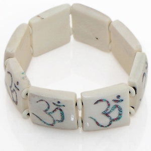Buddhist Bracelet - Gemstone Inlaid Om Symbols on Yak Bone Tiles, Ethically Sourced, Handcrafted,