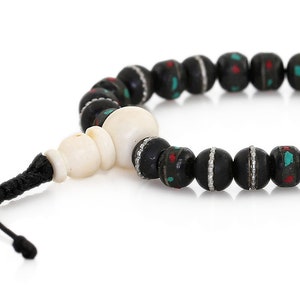 Tibetan Buddhist Mala Bracelet - Gemstone Inlaid Black Yak Bone, Ethically Sourced