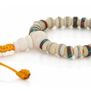 Tibetan Buddhist Mala Bracelet - Gemstone Inlaid Yak White Bone, Ethically Sourced, Handmade Wrist Mala