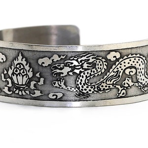 Tibetan Buddhist Bracelet - Engraved &#39;Flaming Jewel&#39; Flanked by Dragons, Cuff Style