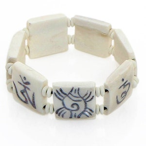 Tibetan Buddhist Bracelet- Gemstone Inlaid Om Mani Padme Hum Mantra on White Yak BoneTiles, Ethically Sourced
