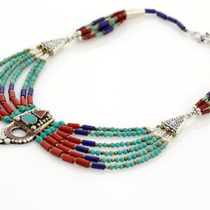 Handcrafted Tibetan Style Necklace - Ethnic Glass Beadwork, &quot;Nepalese Silver&quot; Turquoise