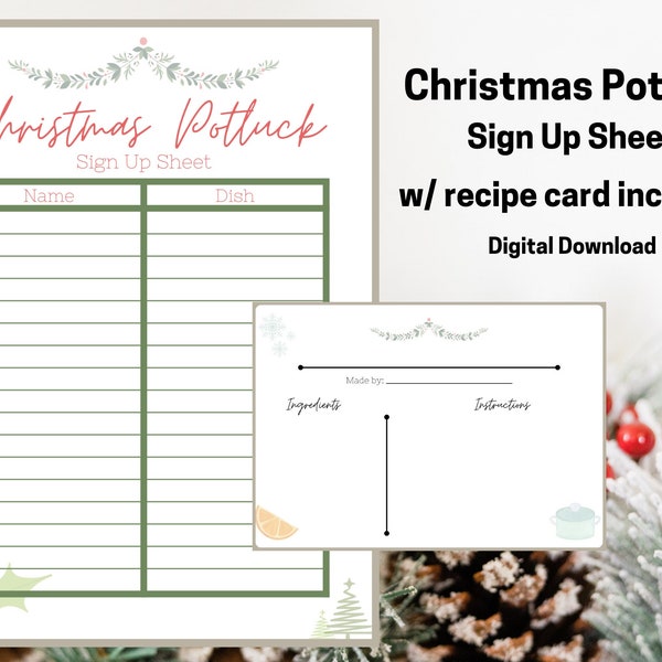 Recipe Cards, Holiday Recipes, Printable Recipe Cards, Potluck Sign up, Christmas Party Potluck, Potluck Invitation