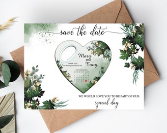 Floral Save the Date Bottle Opener with Envelope and Card , Save the Date Magnet + Cards, Heart Shaped Bottle Opener Save The Date