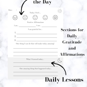 Puede incluir: Una hoja de trabajo imprimible con un diseño en blanco y negro para la gratitud y las afirmaciones diarias. La hoja de trabajo incluye secciones para hacer un seguimiento de las emociones, las afirmaciones positivas y las lecciones diarias. La hoja de trabajo está diseñada para ser coloreada.