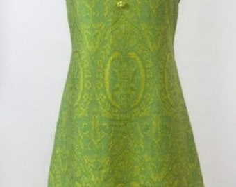 Vintage 1960's Lime green 100% Silk Jaquard Sheath A-Line Mini Dress sz 6
