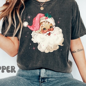 Comfort Colors Pink Santa Retro Christmas T-Shirt, Vintage Christmas Shirt, Women&#39;s Christmas Tshirt, Trendy Holiday Cute Christmas Shirt