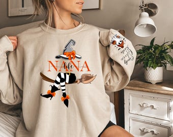 Custom Halloween Nana Witch Sweatshirt: Grandkids Names Sleeve
