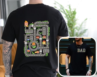 Dad's Car Track T-Shirt, Front And Back Print, Cars On Daddy's Back, Funny Father's Day Gift, Racing Dad, Mechanic Dad, Back Massage TShirt