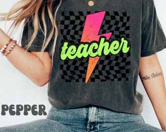Neon Teacher Shirt, Retro Checkered Teacher Shirt, Lightning Bolt, New Teacher Gift, Back to School, Teacher Appreciation