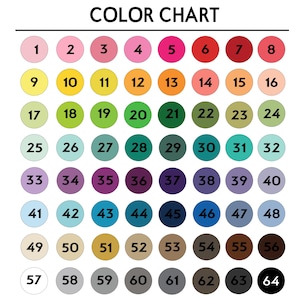 Puede incluir: Una carta de colores con 64 muestras de colores numeradas dispuestas en filas. La carta incluye una amplia gama de colores, desde rosa claro hasta negro, con cada muestra etiquetada con un n&uacute;mero. El texto "COLOR CHART" est&aacute; en la parte superior.