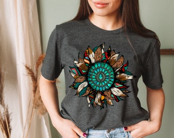 Western Turquoise Leopard Sunflower T-Shirt, Women's Casual Shirt, Southwest Country Shirt