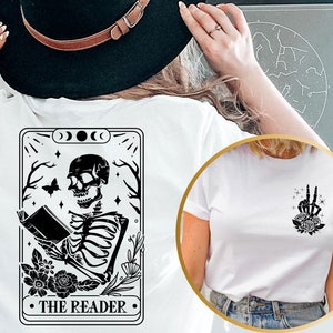 The Reader Tarot Card Front And Back Printing Shirt, Skeleton Reading T-shirt, Book Lover Gift For Women, Book Lover Tee, Tarot Card Shirt