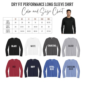 The image is a color and size chart for a long sleeve shirt, featuring various color options and corresponding sleeve lengths. There is also a photo of a man wearing a black long sleeve shirt.