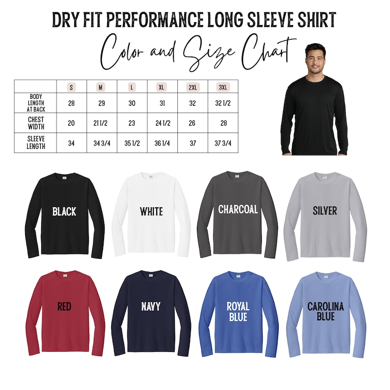 The image is a color and size chart for a long sleeve shirt, featuring various color options and corresponding sleeve lengths. There is also a photo of a man wearing a black long sleeve shirt.