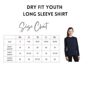 The image is a size chart for a long sleeve shirt, featuring a young girl standing next to a table with the chart.
